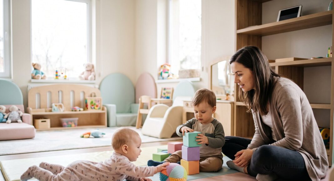 Doi copii mici se joacă pe covor cu o educatoare, într-o sală de creșe