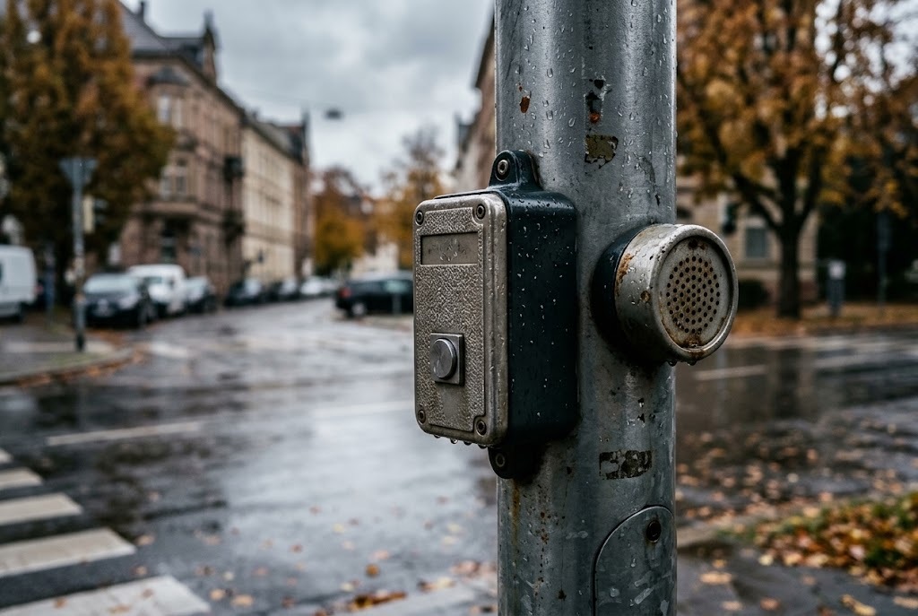 sisteme pentru nevăzători – stâlp de trecere cu buton tactil și difuzor pentru semnal sonor